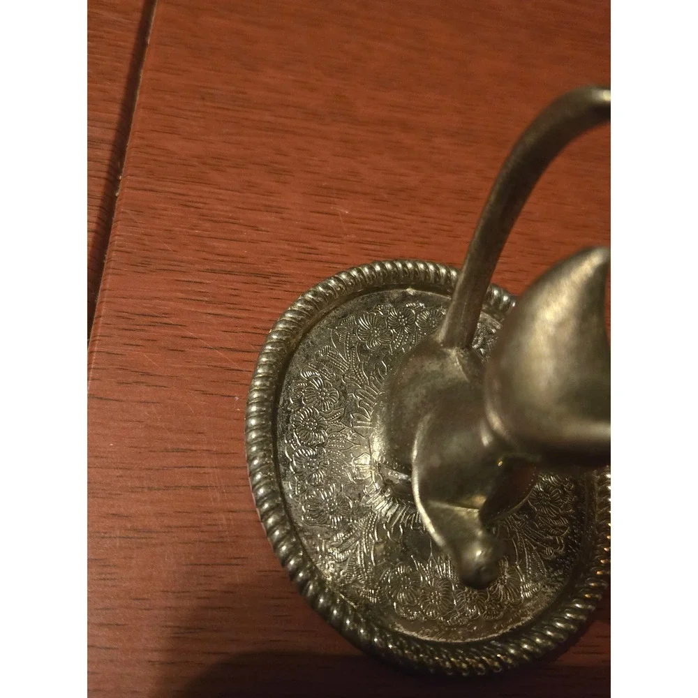 Vintage Silver Tone Metal Cat Ring Holder Trinket Dish Floral Etched Base